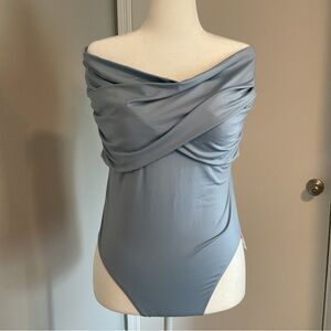 Cider Light Blue Draped Off-shoulder Bodysuit